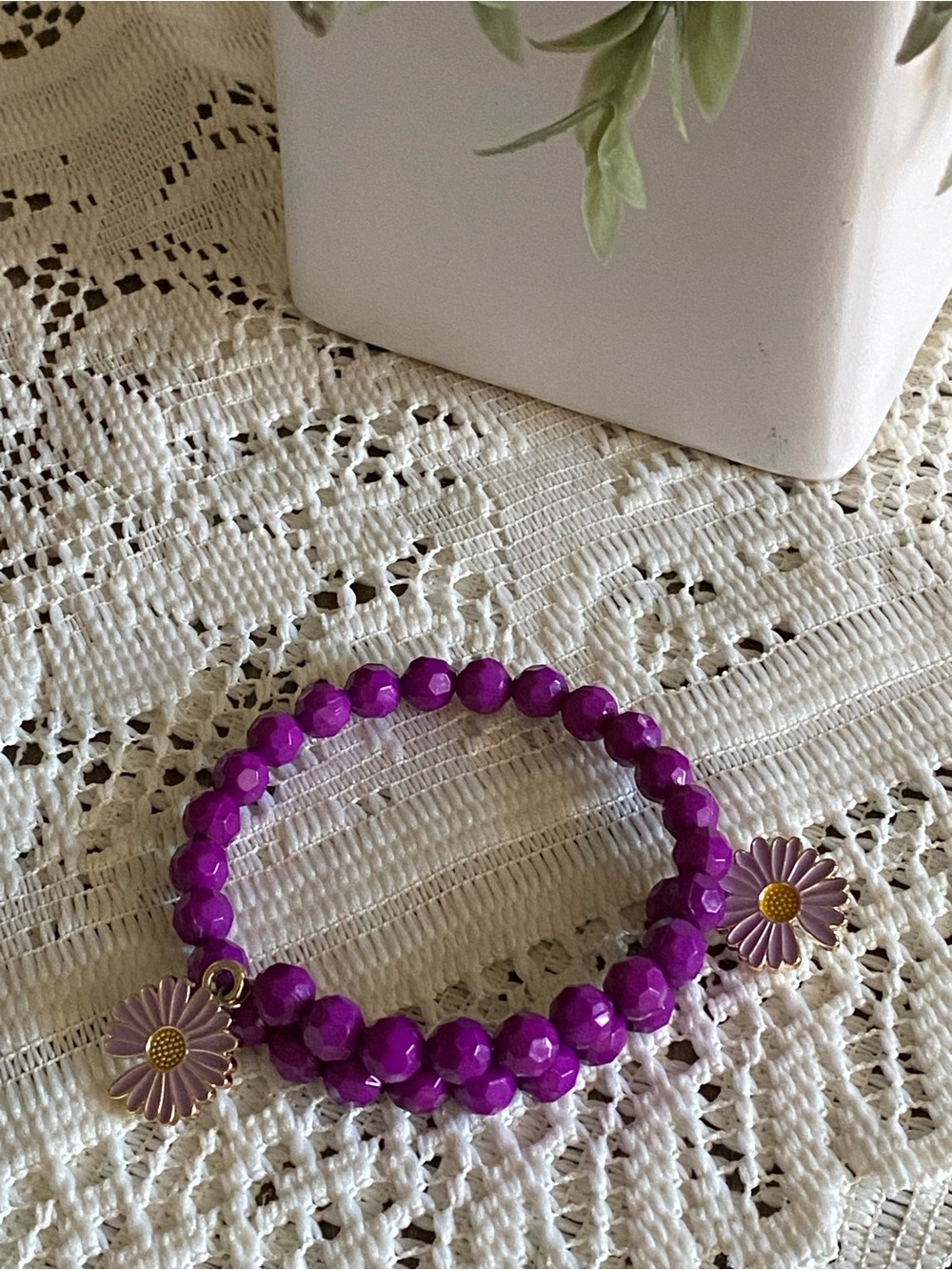 Purple Beaded Bracelet with Daisy Charms